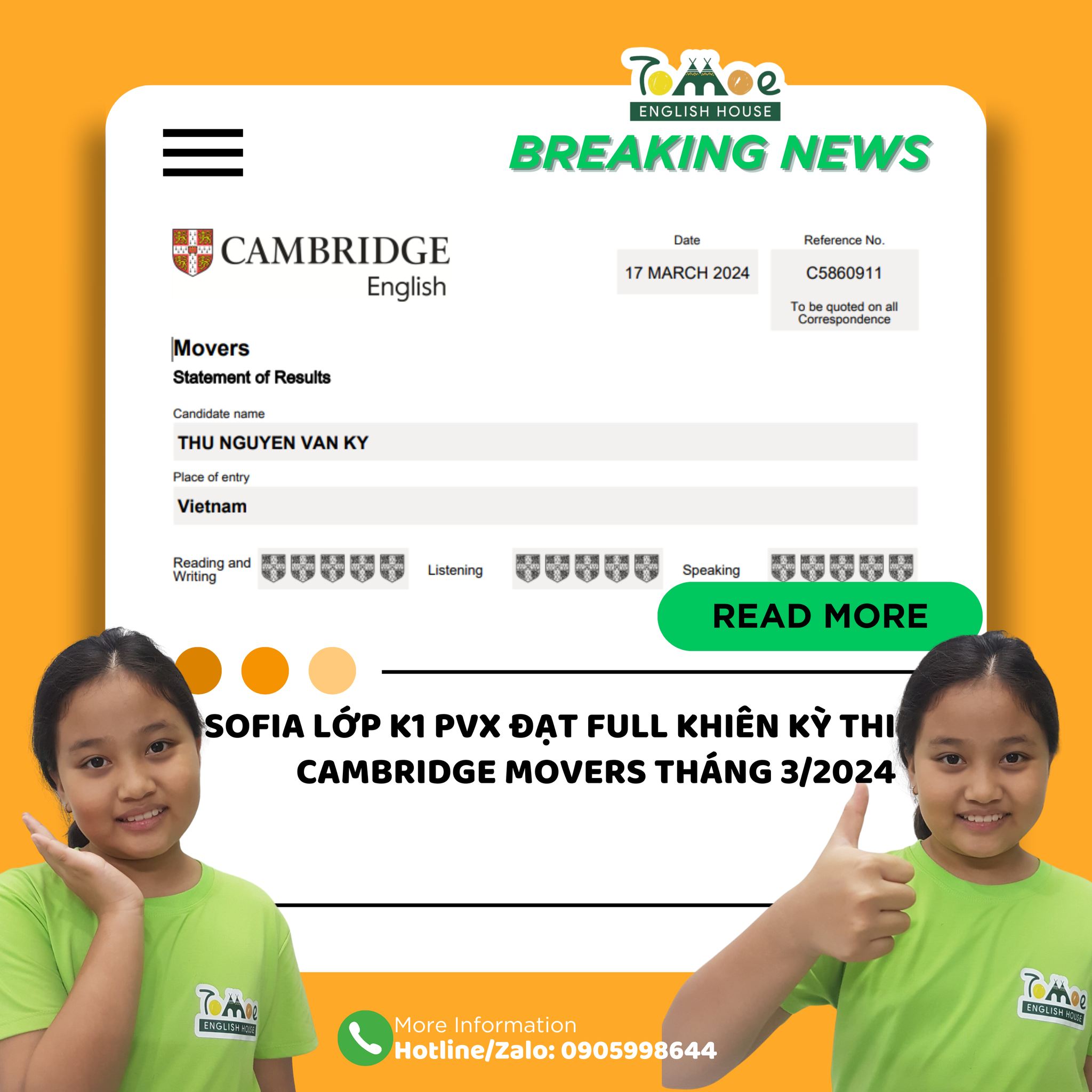 📰TOMOE – BREAKING NEWS: ⚔️SOFIA LỚP K1 PVX ĐẠT FULL KHIÊN KỲ THI CAMBRIDGE MOVERS THÁNG 3.2024🛡️